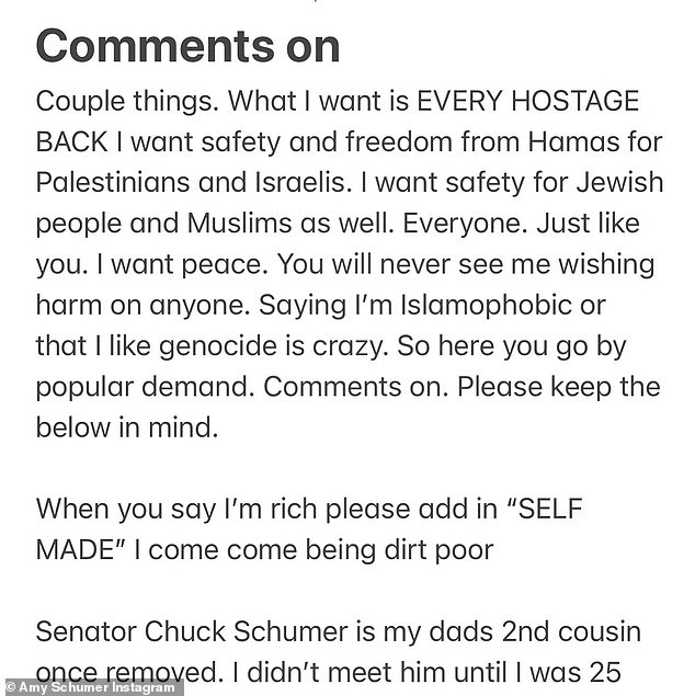 في منشور لاحق ، شاركت الممثل الكوميدي ملاحظة تعلن أنها كانت تفتح قسم تعليقاتها و 