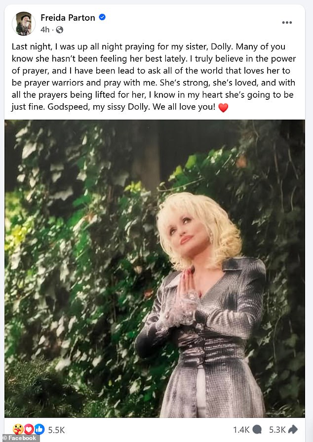 بعد أسبوع واحد من تأجيل دوللي ستة عروض من Dolly: Live in Las Vegas Residency ، شاركت شقيقتها الصغرى فريدا بارتون تحديثًا عن حالة الأيقونة البالغة من العمر 79 عامًا-وطلبت الدعم من المشجعين في جميع أنحاء العالم