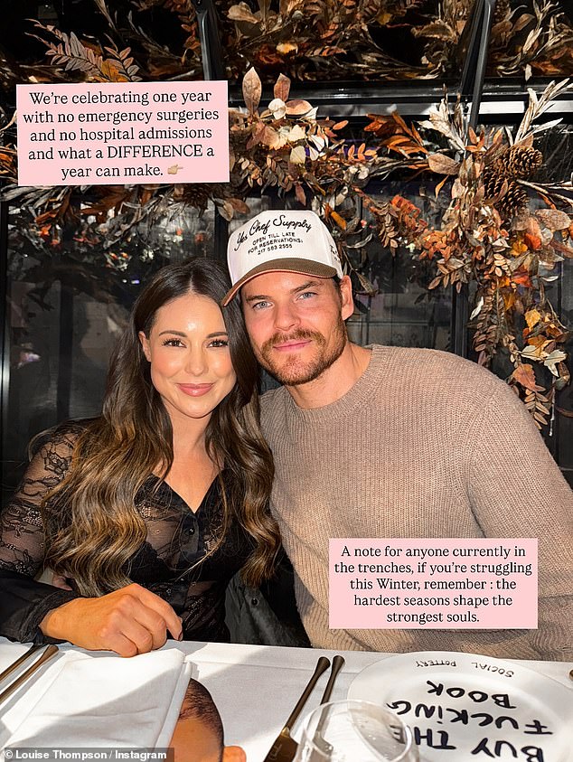 في صفحتها على إنستغرام يوم الأحد، احتفلت لويز بمرور 12 شهرًا على دخولها المستشفى الأخير من خلال صورة لها وهي تستمتع بعشاء احتفالي مع خطيبها رايان ليبي.