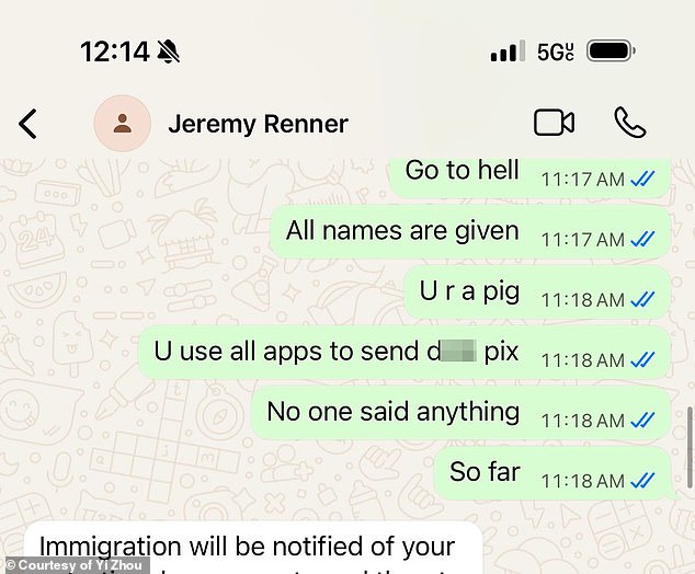 جاءت نقطة الانهيار المزعومة بعد أن واجهته على انفراد بشأن إرسال صور فاضحة، والتي ورد أنه هددها باستدعاء الهجرة لها، وفقًا للنصوص التي شاركتها مع صحيفة ديلي ميل. رفض تشو تقديم بقية رسالة القطع المزعومة لرينر