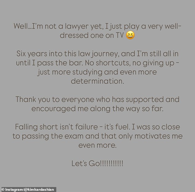 انتقلت الشخصية التلفزيونية - التي أجرت الاختبار في يوليو - إلى قصصها على إنستغرام يوم السبت لتعلن أنها لم تنجح، ولكن ليس لديها أي نية للاستسلام