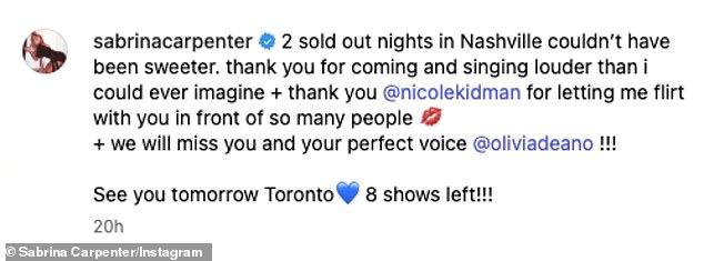 وشكرت المغنية، التي تفي حاليًا بالمواعيد النهائية لجولة Short n 'Sweet في أمريكا الشمالية وأوروبا، كيدمان لكونها رياضة جيدة في آخر منشور لها على Instagram.