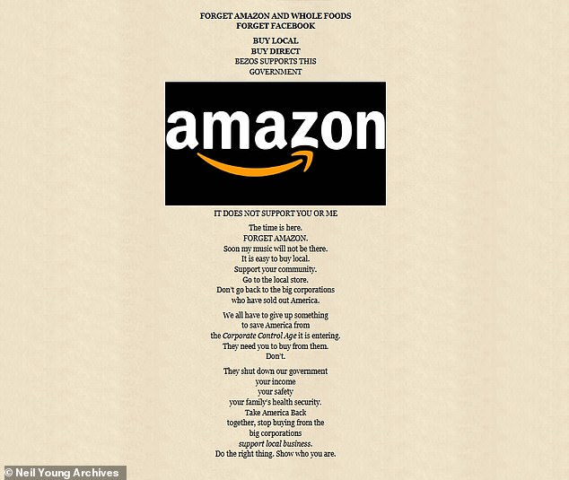 من المعروف أن يونغ يحتج بصوت عالٍ على أي شيء يمثل إهانة لقيمه التقدمية. في 8 أكتوبر، أعلن أنه قام بإزالة كتالوج الموسيقى الخاص به من Amazon Music بسبب دعم مؤسس الملياردير جيف بيزوس لـ 