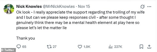 وعندما رد عدد كبير من المعجبين على مستخدم وسائل التواصل الاجتماعي، دعا نيك لاحقًا بعض متابعيه البالغ عددهم 168.1 ألفًا إلى 