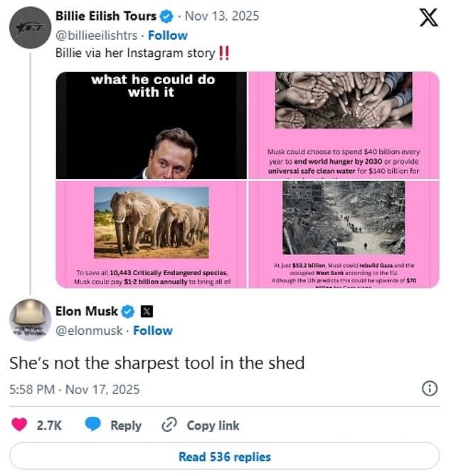 وتحت منشور X تمت مشاركته بواسطة حساب أحد معجبي Eilish، كتب Musk: 