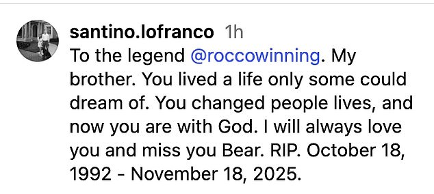شارك سانتينو لوفرانكو، شقيق لوفرانكو، في تكريم على موقع إنستغرام، كاشفًا عن وفاة سبنسر يوم الثلاثاء.