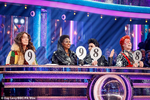 الحكام كريج ريفيل هوروود، وموتسي مابوس، وشيرلي بالاس وأنتون دو بيك أثناء ظهورهم في العرض المباشر في 25 أكتوبر 2025