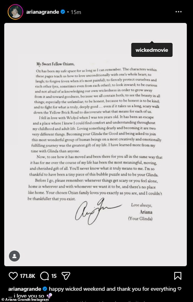 شارك النجم الملاحظة المطولة على وسائل التواصل الاجتماعي تمامًا كما تصدرت Wicked: For Good شباك التذاكر، مما عزز مكانتها كواحدة من أنجح التعديلات الموسيقية في الذاكرة الحديثة.