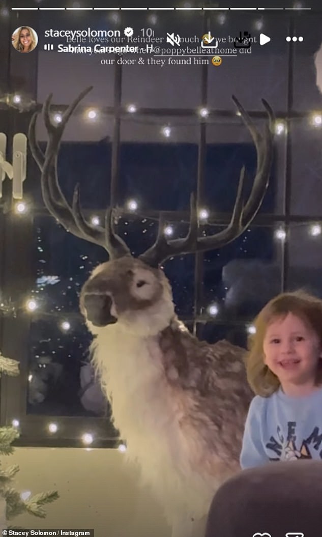 وكشفت ستايسي، التي أنشأت ركنًا احتفاليًا بجوار شجرتها، أنها اشترت حيوان رنة عملاقًا، وقد أعجبت به ابنتها الصغرى روز، البالغة من العمر عامين، أيضًا.