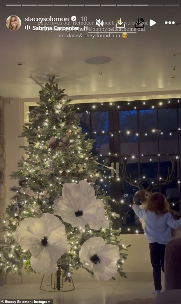 بالنسبة لشجرة عيد الميلاد الثانية، اختارت ستايسي مظهرًا أبيضًا بنفس الزهور الاصطناعية العملاقة التي تبلغ قيمتها 70 جنيهًا إسترلينيًا بالإضافة إلى الأضواء المتلألئة وأقماع الصنوبر.