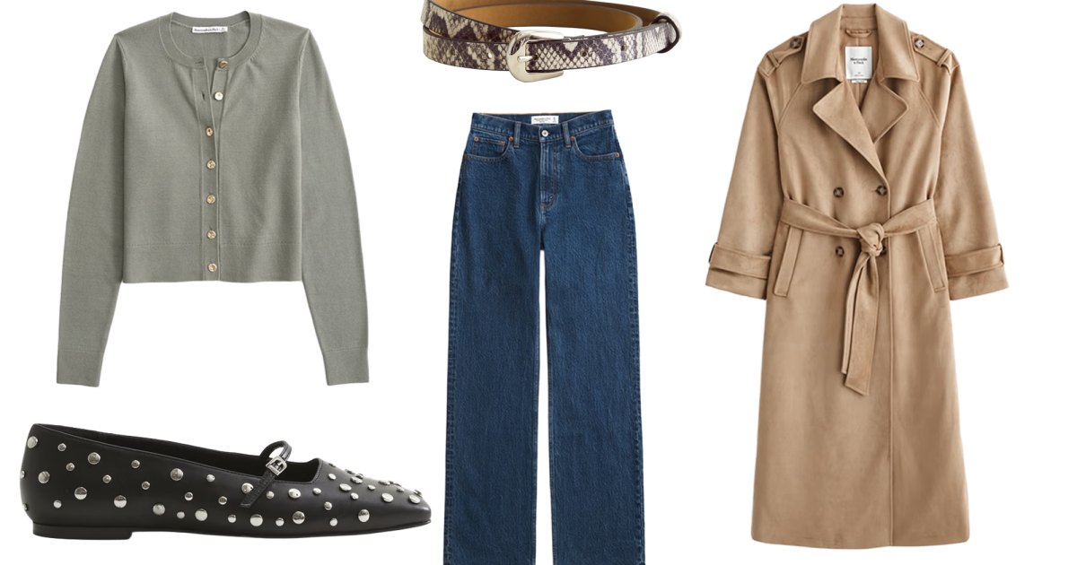 سترة صوفية، جينز، حزام، معطف واق من المطر، أحذية باليه مسطحة من أبركرومبي