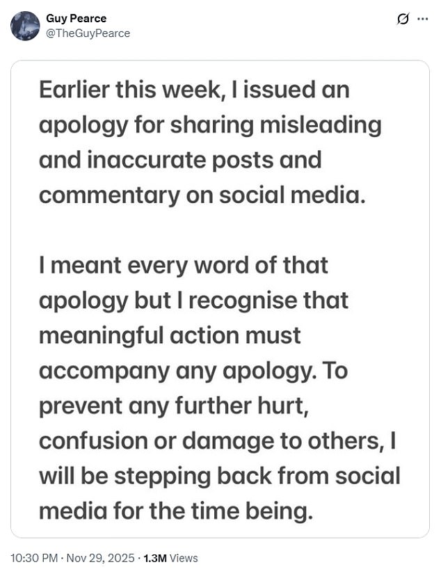 بعد تلقيه رد فعل عنيفًا هائلًا من المتابعين عقب المنشورات الصادمة، حذف بيرس المحتوى من صفحته X وأصدر بيانًا يكشف فيه عن أنه سيأخذ استراحة من وسائل التواصل الاجتماعي.