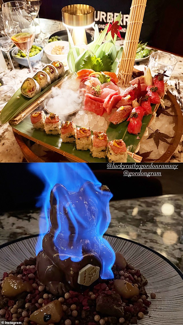 يبدو أن العروس تفضل طبقًا صحيًا من المأكولات البحرية بقيمة 135 جنيهًا إسترلينيًا في الليل، مع مجموعة مختارة من السوشي والإدامامي المملح والقريدس الحلو والحامض التي تعشق طاولتها.