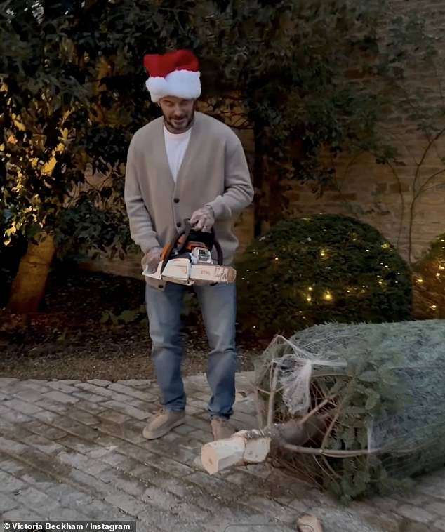 ونشرت على إنستغرام مقطعًا ممتعًا للسير ديفيد، 50 عامًا، وهو يقطع شجرة عيد الميلاد