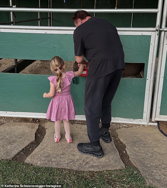 كما أمضى حاكم ولاية كاليفورنيا السابق وقتًا ممتعًا مع أحد أحفاده حيث قام الزوجان بزيارة حيوان في منطقة مستقرة في الهواء الطلق