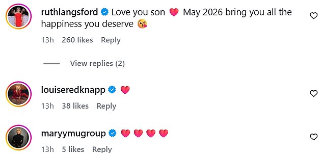 شارك معجبو رايلان وأصدقاؤه المشاهير، بما في ذلك كارول فورديرمان ولويز ريدناب وروث لانجسفورد، تقديرهم للنجم في التعليقات.