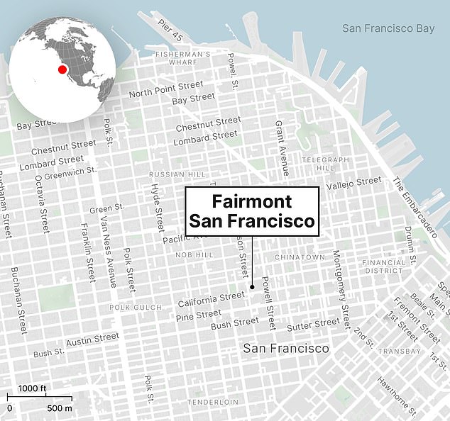 خريطة توضح موقع فندق فيرمونت سان فرانسيسكو الفاخر على قمة نوب هيل في قلب المدينة