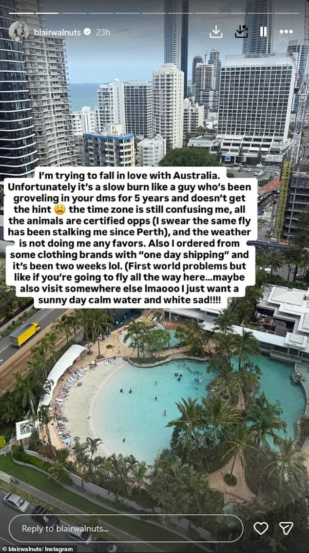 وقالت بلير، التي شاركت صورة لإقامتها الفخمة في مانترا كراون تاورز في سيرفرز بارادايس، إنها بينما كانت تبذل كل جهد لتحب أستراليا، كانت مهمة صعبة