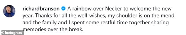 أثناء الاستمتاع بنزهة تحت أشعة الشمس، شارك ريتشارد صورة بدون قميص بمناسبة بداية العام الجديد في منشوره العاكس.