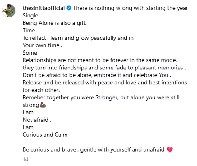 أعلنت سينيتا بقوة أنها لا تخشى أن تكون وحيدة وعزباء عندما أعلنت الانفصال