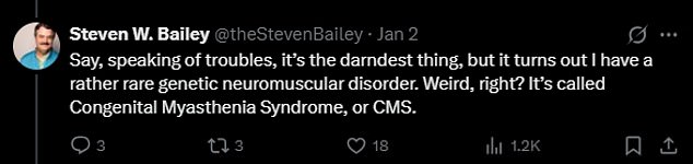 أعلن الممثل الأسبوع الماضي أنه تم تشخيص إصابته بمرض العضلات النادر عبر خيط عبر حساب X الخاص به