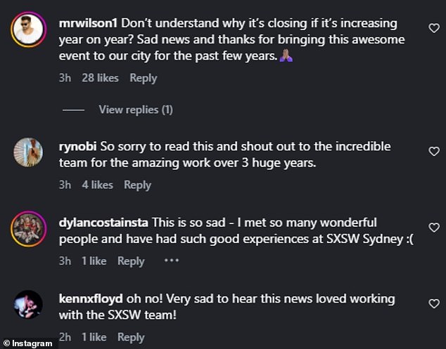 وتوافد المشجعون على التعليقات على الإعلان للتعبير عن حزنهم بسبب إلغاء الحدث في أستراليا