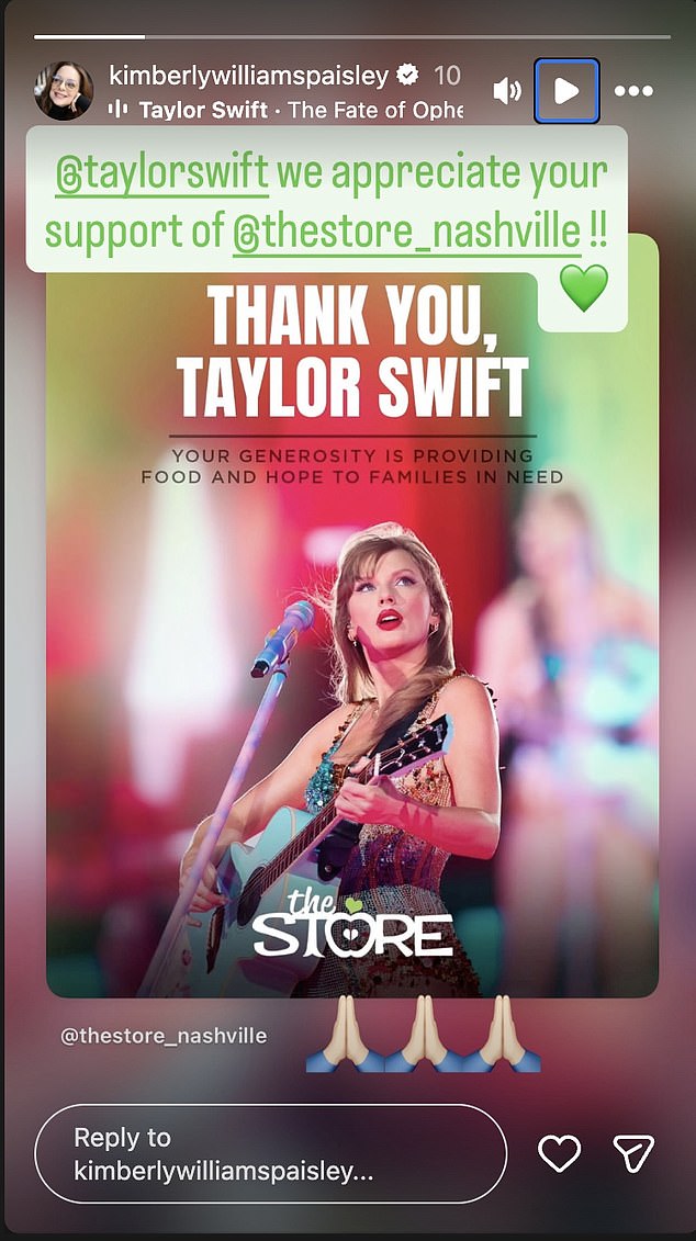 أعربت كيمبرلي، زوجة بيزلي، شخصيًا عن امتنانها لسويفت في قصتها على Instagram أثناء إعادة مشاركة منشور المتجر مع متابعيها