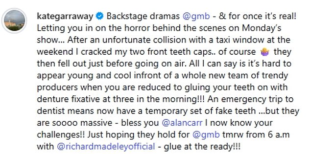 لقد شاركت مقطع فيديو يظهر أسنانها المكسورة، والقطعة المكسورة من غطاء الأسنان التي سقطت وأنبوب لاصق طقم الأسنان جاهز على مكتبها، أثناء إعدادها لفيلم Vivaldi's Winter الدرامي المناسب.