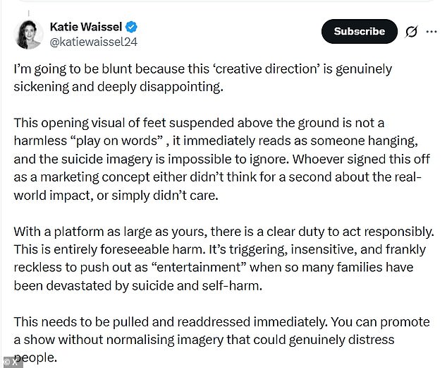 كانت المتسابقة السابقة في The X Factor كاتي وايسيل من بين أولئك الذين أدانوا الفيديو علنًا