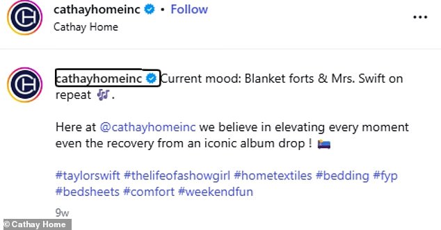 ربما يكون الدافع الأخير لرد فعل Swift ضد شركة Cathay Home هو استخدامها صفيقًا لاسمها - وحتى موسيقاها - للترويج لمنتجاتها في منشور تمت مشاركته على وسائل التواصل الاجتماعي