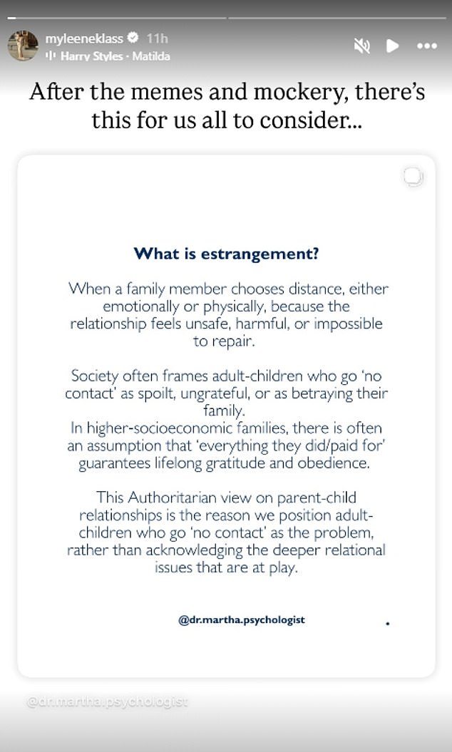 نشرت ميلين هذا التوضيح حول القطيعة العائلية من أخصائية علم النفس السريري الدكتورة مارثا ديروس كولادو، التي أشارت مباشرة إلى عائلة بيكهام