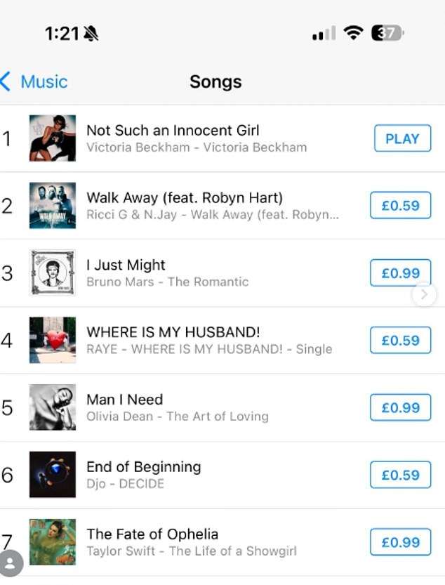 في مكان آخر، حصلت فيكتوريا على المركز الأول منفردًا لها على الإطلاق عندما احتلت أغنيتها المنفردة Not such An Innocent Girl عام 2001 المركز الأول على مخطط iTunes في المملكة المتحدة وأيرلندا.