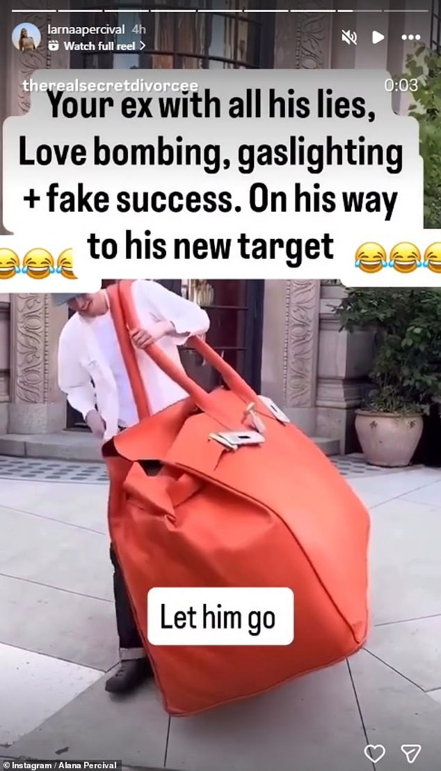 في منشور على Instagram Stories يوم الأحد، أعادت Alana مشاركة مقطع فيديو يظهر رجلاً يحاول حمل حقيبة يد ضخمة