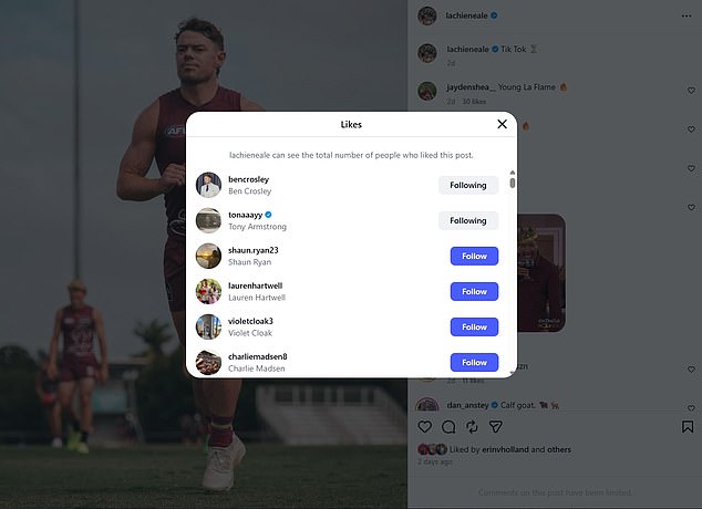 ويأتي ذلك أيضًا عندما تم رصد بن، مدير شركة استثمار، معجبًا بأحدث منشور لـ Lachie على Instagram (كما هو موضح هنا) - وهي خطوة محيرة نظرًا للادعاءات المنتشرة على نطاق واسع أن لاعب خط الوسط كان على علاقة عاطفية استمرت أشهر مع زوجته ولم تنته إلا عندما تم القبض عليهما معًا في سيارة.