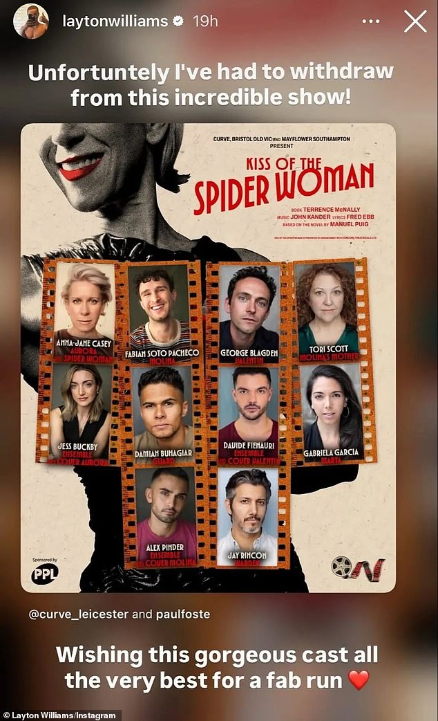 انتقل الممثل البالغ من العمر 31 عامًا، والذي كان من المقرر أن يجسد دور مولينا في المسرحية الموسيقية، إلى قصصه على Instagram لإعادة نشر ملصق للممثلين الجدد ومشاركة الأخبار مع المتابعين، وكتب: 