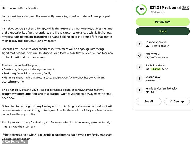 في الشهر الماضي، بدأ دين حملة لجمع التبرعات لجمع الأموال لابنته